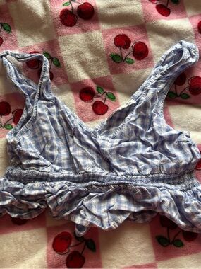 Hollister Light Blue and White Plaid Smocked Crop Top